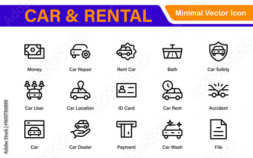 Car and rental icons in modern thin line style. Covers vehicle hire, transport services, road trips, navigation, fuel, maintenance, and car-related logistics.