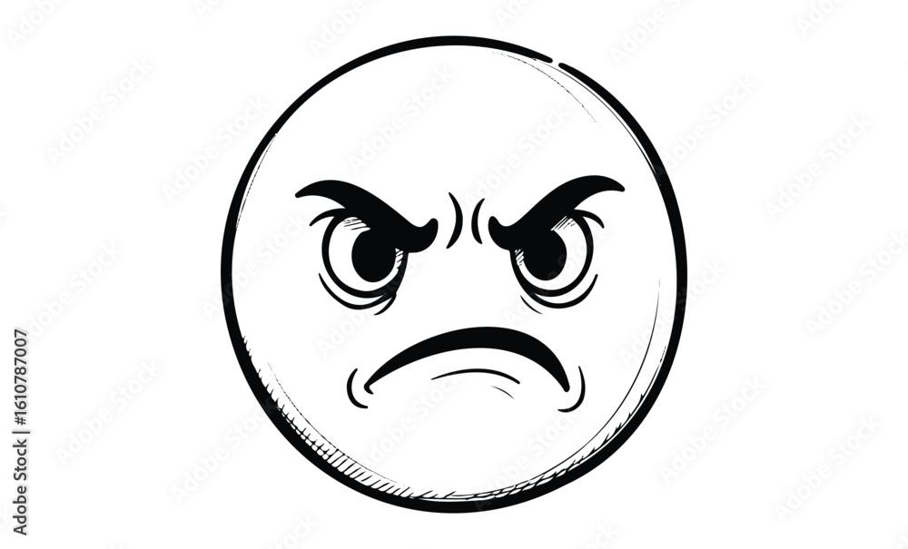 Fototapeta premium Black and white angry face emoji with furrowed brows. Vector retro hand drawn illustration