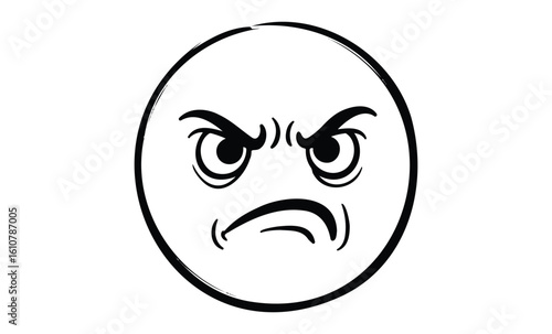 Simple black and white angry face emoji illustration. Vector retro hand drawn illustration