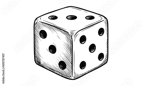 Hand-drawn dice illustration with black dots. Vector retro hand drawn illustration