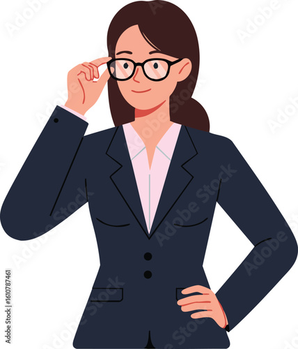 Businesswoman with glasses adjusting eyewear in professional suit vector illustration 