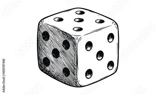 Hand-drawn sketch of a six-sided die with detailed shading and pips. Vector retro hand drawn illustration