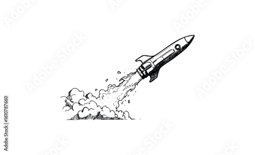 Black and white drawing of a rocket launching into the sky. Vector retro hand drawn illustration