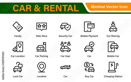 Car and rental icons in modern thin line style. Covers vehicle hire, transport services, road trips, navigation, fuel, maintenance, and car-related logistics.