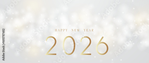 2026 Happy new year, Abstract luxury white glitter effect glowing on gray background with lighting effect sparkle. Template premium award ceremony design. Vector illustration