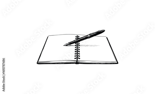 Open notebook with pen on blank pages. Vector retro hand drawn illustration