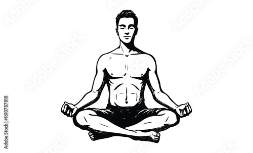 Meditative asian male in lotus pose practicing mindfulness and calmness. Vector retro hand drawn illustration