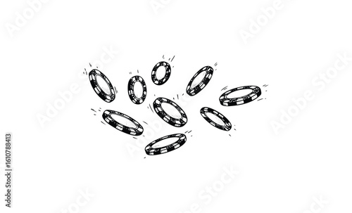 Falling casino chips illustration with dynamic black and white design. Vector retro hand drawn illustration