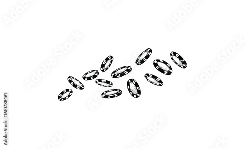 Black and white casino chips falling and spinning in mid-air. Vector retro hand drawn illustration