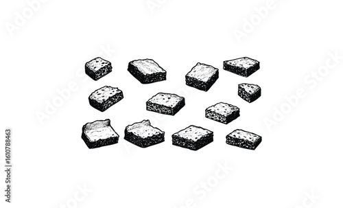 Monochrome illustration of twelve rustic bread slices in various angles. Vector retro hand drawn illustration
