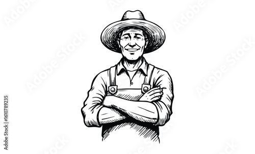 Smiling caucasian male farmer in hat and overalls with arms crossed. Vector retro hand drawn illustration