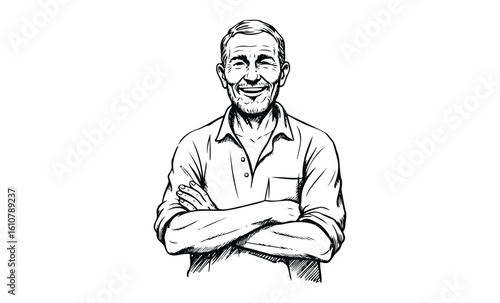 Black and white sketch of a smiling mature caucasian male with beard and crossed arms. Vector retro hand drawn illustration