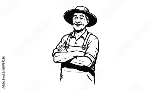 Elderly caucasian male farmer with hat and overalls smiling confidently. Vector retro hand drawn illustration