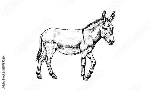 Detailed black and white sketch of a walking donkey. Vector retro hand drawn illustration
