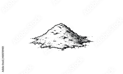 Hand-drawn black and white grainy powder heap illustration. Vector retro hand drawn illustration