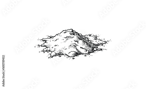 Hand-drawn pile of sand with fine detail and shading in black and white line art. Vector retro hand drawn illustration