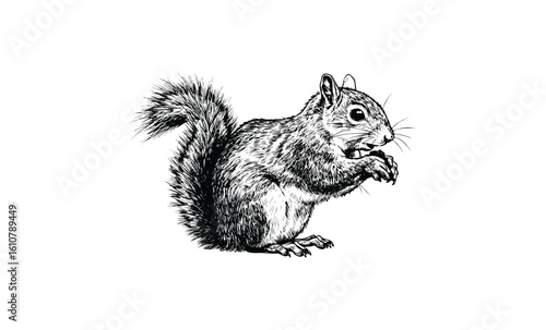 Detailed black and white squirrel sketch captures nature's charm. Vector retro hand drawn illustration