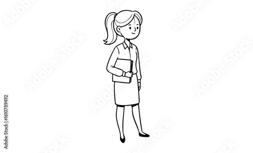 Cartoon asian female adult in business attire holding a book smiling. Vector retro hand drawn illustration