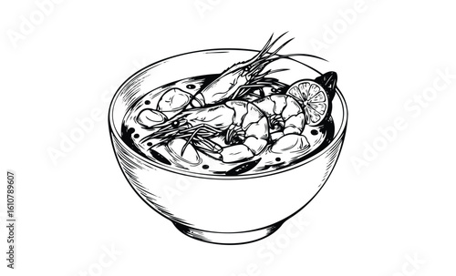 Hand-drawn bowl of shrimp soup with lemongrass and lime. Vector retro hand drawn illustration