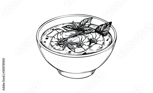 Black and white illustration of tom yum soup with shrimp and herbs in a bowl. Vector retro hand drawn illustration