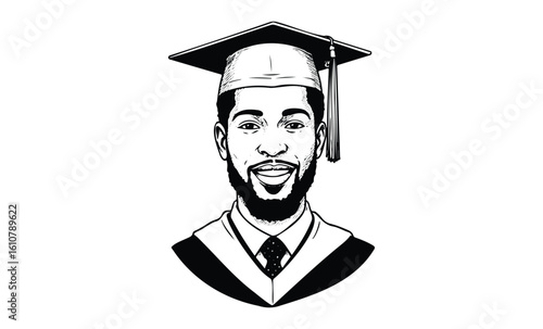 Young african male graduate in cap and gown smiling line art. Vector retro hand drawn illustration