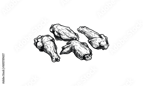 Hand-drawn black and white chicken wings illustration. Vector retro hand drawn illustration