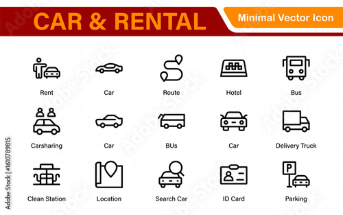 Car and rental icons in modern thin line style. Covers vehicle hire, transport services, road trips, navigation, fuel, maintenance, and car-related logistics.