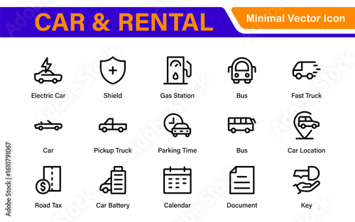 Car and rental icons in modern thin line style. Covers vehicle hire, transport services, road trips, navigation, fuel, maintenance, and car-related logistics.