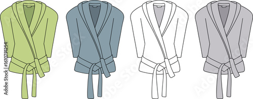 Belted women’s robe, wrap style loungewear, kimono cardigan CAD, fashion flat sketch, vector apparel template, cozy outerwear design