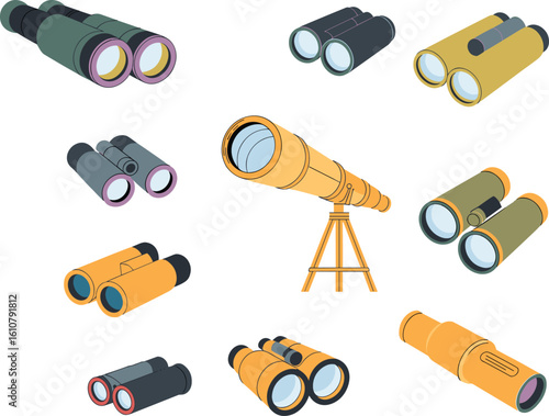 Binoculars and telescope set, optical tools collection, vector illustration, flat design, exploration gear, outdoor viewing equipment, spyglass icons, 