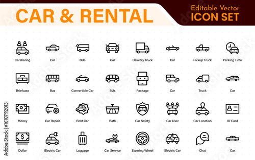 Car and rental icons in modern thin line style. Covers vehicle hire, transport services, road trips, navigation, fuel, maintenance, and car-related logistics.