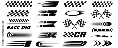  Racing Stripes Vector Bundle , Track-Ready Decals, Finish Line Banners, Checkered Flags, and Motocross Typography for Fast Car Wraps and High-Speed Auto Graphics

