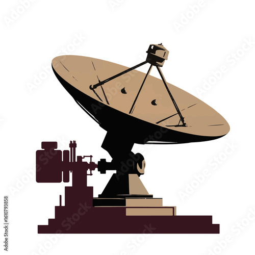 Silhouette of radar dish in black and burgundy on white background, communication technology