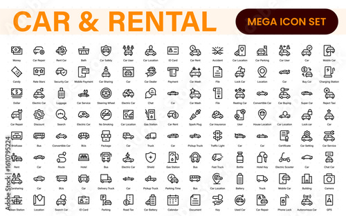 Car and rental icons in modern thin line style. Covers vehicle hire, transport services, road trips, navigation, fuel, maintenance, and car-related logistics.