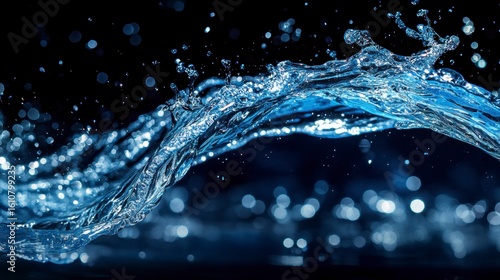 Dynamic water splash against black background with bokeh effect.