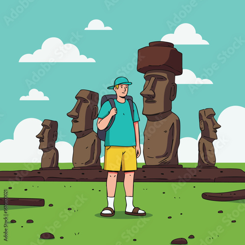 Tourist standing near Easter Island Moai statues enjoying outdoor travel adventure in daylight 