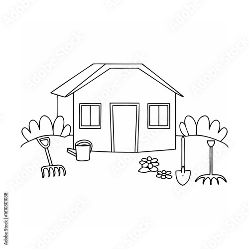 Garden shed with tools and flowers rake shovel