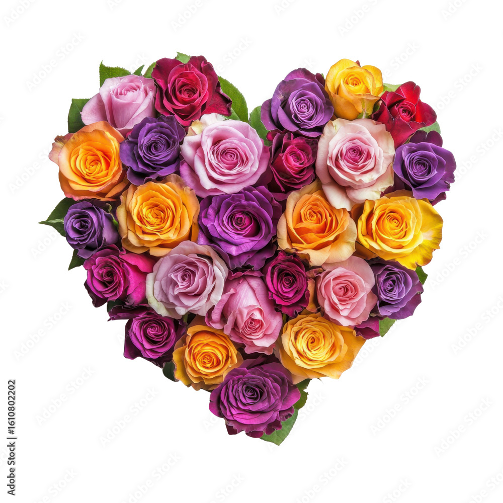 Heart shaped arrangement of vibrant roses in various colors including pink, purple, yellow, and orange, symbolizing love and beauty. colorful floral design is perfect for romantic occasions Heart shaped arrangement of vibrant roses in various colors including pink, purple, yellow, and orange, symbolizing love and beauty. colorful floral design is perfect for romantic occasions