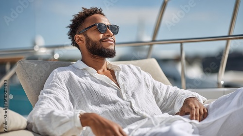 A yacht owner sitting relaxed, wearing stylish black sunglasses and a crisp white linen outfit