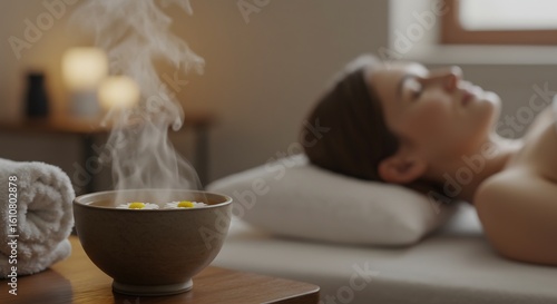 Steaming brown bowl with white flowers and a rolled towel on a wooden table woman relaxing in softfocus background