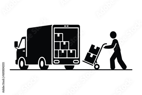 Delivery person loading boxes into a truck using a hand truck