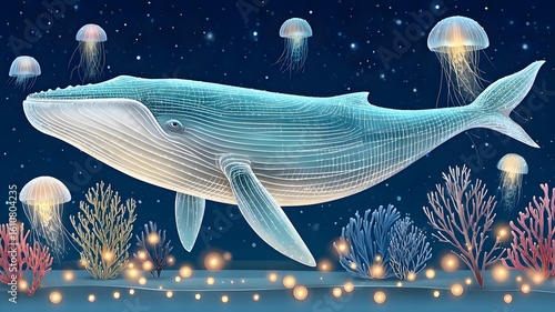 Magnificent Transparent Whale Swimming with Jellyfish in Luminous Deep Sea Garden