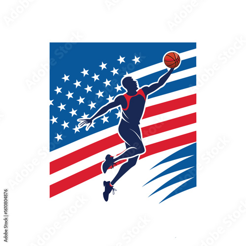 American basketball player dunking with usa flag background