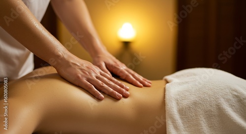 Wallpaper Mural Therapists oiled hands massage a persons back under a warm dim light in a spa setting Torontodigital.ca