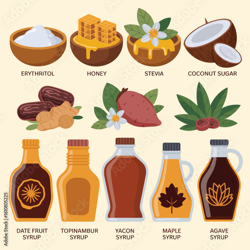Collection of natural sweeteners and syrups with fruits and nuts
