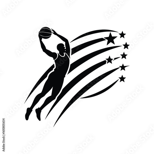 Silhouette of a basketball player dunking with stars and swooshes