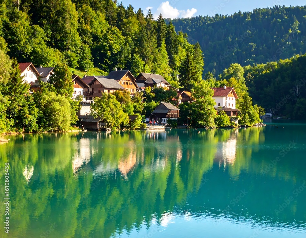 Fototapeta premium Picturesque mountain village reflected in a serene lake
