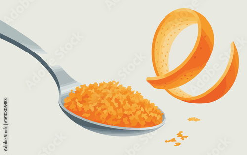 Close up of a spoon filled with orange zest next to a spiral orange peel