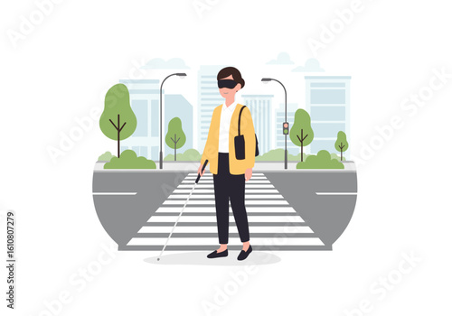 Blind person crossing street using white cane in urban environment  