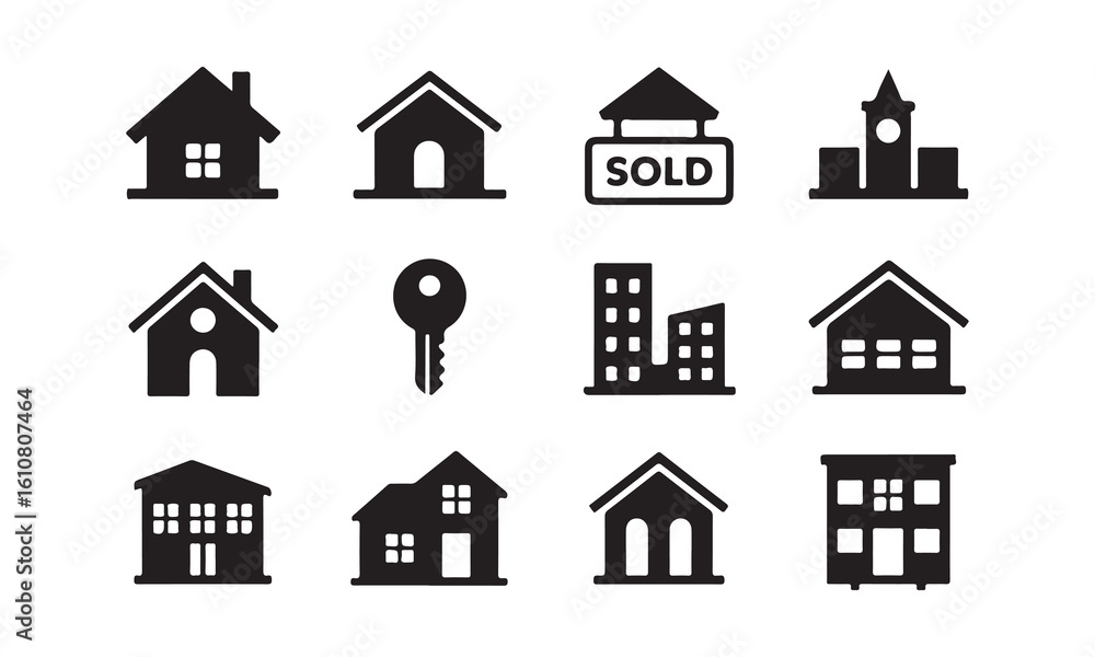 Fototapeta premium Collection of Black and White Real Estate Icons, set of simple, black silhouette icons representing various real estate objects.